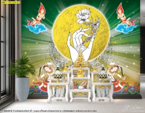 ภาพลายไทยวอลเปเปอร์ดอกบัวลิขสิทธิ์โทนสีเขียวธรรมชาติช่วยให้ห้องพระดูร่มเย็นและสงบเหมาะสำหรับการเจริญสมาธิภาวนาในทุกวันของการพักผ่อน