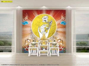 ตกแต่งห้องพระให้ดูสว่างไสวด้วยวอลเปเปอร์โทนสีแดงทองลายดอกบัวและภาพเทวดาที่เป็นงานลิขสิทธิ์แท้ช่วยเพิ่มพลังและความศรัทธาให้กับพื้นที่