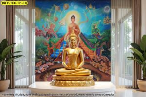 ภาพจำลองห้องพระสีขาวสไตล์มินิมอลติดตั้งภาพลิขสิทธิ์พระพุทธเจ้าเปิดโลกขนาดใหญ่บนผนังหลังพระพุทธรูปปางสมาธิสีทองดูงดงามมีพลัง