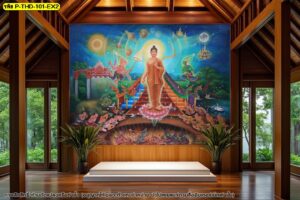 การตกแต่งภายในศาลาไม้ด้วยภาพลิขสิทธิ์พระพุทธเจ้าเปิดโลกสีสันสดใสถ่ายทอดเรื่องราวพุทธประวัติเข้ากับงานสถาปัตยกรรมไทยร่วมสมัย