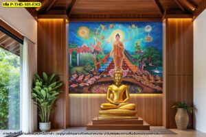 ไอเดียตกแต่งผนังห้องพระด้วยงานไม้พรีเมียมคู่กับภาพลิขสิทธิ์พระพุทธเจ้าเปิดโลกศิลปะไทยที่ลงตัวกับแสงไฟ Warm Light เพิ่มความศรัทธา