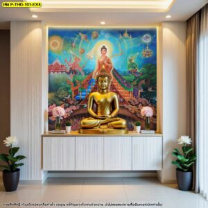 ดีไซน์มุมพระพุทธรูปในคอนโดหรูเลือกใช้ภาพลิขสิทธิ์พระพุทธเจ้าเปิดโลกติดตั้งเหนือเคาน์เตอร์บิวท์อินสีขาวลายนูนแนวตั้งดูทันสมัย