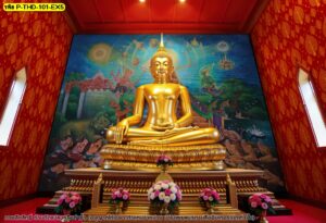 การตกแต่งฝาผนังโบสถ์หรือห้องปฏิบัติธรรมด้วยภาพลิขสิทธิ์พระพุทธเจ้าเปิดโลกขนาดใหญ่พร้อมลวดลายโพธิ์ทองบนพื้นสีแดงสวยงามประณีต