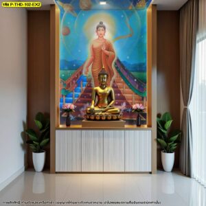 มุมบูชาพระพุทธรูปสไตล์โมเดิร์นประดับภาพลิขสิทธิ์พระพุทธเจ้าเปิดโลกสีฟ้าสดใสจับคู่กับตู้เก็บของสีขาวและไม้โอ๊คดูเรียบหรูลงตัวที่สุด