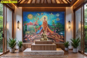 พื้นที่สักการะเปิดโล่งรับแสงธรรมชาติพร้อมตกแต่งผนังด้วยภาพลิขสิทธิ์พระพุทธเจ้าเปิดโลกขนาดใหญ่ช่วยเสริมความสง่างามให้กับโต๊ะหมู่บูชา