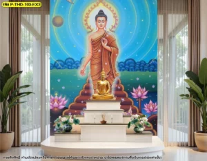 ภาพลายไทยพระพุทธเจ้าเปิดโลกพิมพ์ตามขนาดผนังหลังแท่นบูชา ช่วยสร้างบรรยากาศสงบ ศรัทธา และดูสมดุลงามในห้องพระ