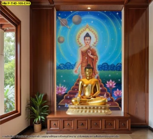 ภาพติดผนังห้องพระลายพระพุทธเจ้าเปิดโลกในงานไม้คลาสสิก เหมาะกับบ้านที่ต้องการมุมบูชาเด่นงามและอบอุ่นสงบ