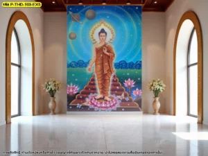 ภาพพิมพ์พระพุทธเจ้าเปิดโลกบนผนังสูงระหว่างช่องแสงโค้ง เพิ่มความศักดิ์สิทธิ์ให้ห้องพระโมเดิร์นและพื้นที่สวดมนต์