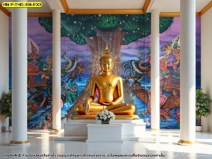 ภาพศิลปะไทยตกแต่งผนังสถานที่ประกอบพิธีกรรมระหว่างเสาอาคารขนาดใหญ่โชว์ลายเส้นงานมารผจญที่ดูอ่อนช้อยและทรงพลังในเวลาเดียวกัน