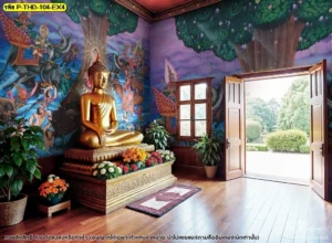 การติดตั้งภาพพิมพ์ลิขสิทธิ์ลายมารผจญในห้องพระพื้นไม้โทนสีเข้มช่วยเสริมความภูมิฐานและความน่าเลื่อมใสให้กับพื้นที่สำหรับการทำสมาธิ