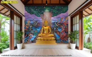 ภาพพิมพ์งานศิลปะไทยสำหรับศาลาวัดลายพระพุทธเจ้าชนะมารสีสันสดใสคมชัดช่วยปรับบรรยากาศให้ห้องพระดูโปร่งและกว้างขวางมากยิ่งขึ้น