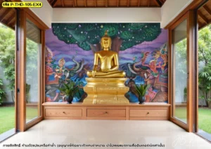 ตกแต่งมุมนั่งสมาธิด้วยภาพพิมพ์ลิขสิทธิ์ลายมารผจญที่เข้าคู่กับโต๊ะหมู่บูชาดีไซน์เรียบง่ายช่วยสร้างสภาวะจิตใจที่สงบและเป็นสุข