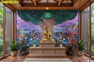 ภาพศิลปะไทยตกแต่งผนังสถานที่ประกอบพิธีกรรมลายมารผจญในห้องพระผนังกระจกช่วยเชื่อมต่อพื้นที่ภายในและภายนอกให้ดูสวยงามกลมกลืน