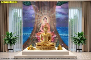 รูปติดผนังห้องพระลายไทยดีไซน์ร่วมสมัยเป็นภาพพระพุทธเจ้าประทับใต้ต้นโพธิ์สีสันประณีตช่วยให้มุมปฏิบัติธรรมดูสำรวมและสงบเงียบเหมาะกับการทำสมาธิ
