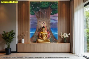ภาพศิลปะไทยตกแต่งผนังสถานที่ประกอบพิธีกรรมลายพุทธประวัติประดับด้วยไฟซ่อนช่วยเพิ่มมิติความสวยงามและขับเน้นองค์พระประธานให้โดดเด่นสง่างามอย่างที่สุด