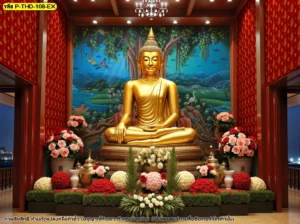 วอลเปเปอร์พระพุทธเจ้าแสดงปฐมเทศนา ภาพศิลปะไทยลิขสิทธิ์ตกแต่งห้องพระโทนแดงทองพร้อมองค์พระประธาน