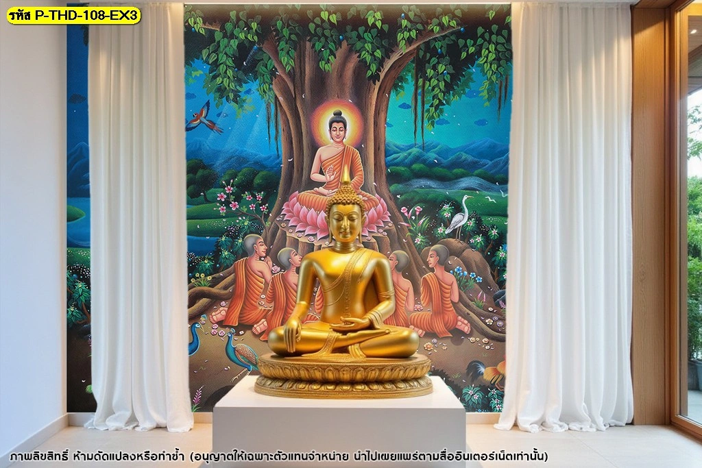 ภาพพุทธประวัติตกแต่งห้องพระ ลายต้นโพธิ์และพระพุทธเจ้ากลางธรรมชาติสำหรับงานตกแต่งภายในไทย