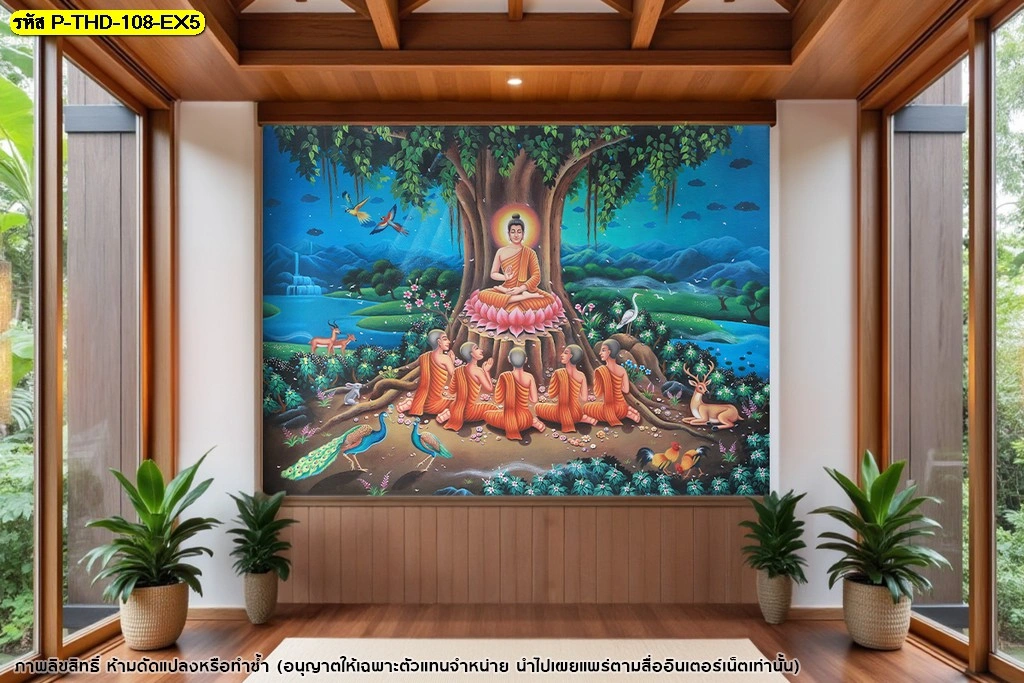 ภาพศิลปะไทยตกแต่งผนังห้องพระ ลายพระพุทธเจ้าแสดงปฐมเทศนาโทนธรรมชาติสไตล์ไทยประยุกต์