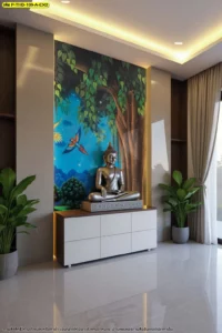 วอลเปเปอร์ห้องพระลายต้นโพธิ์ โทนน้ำเงินเข้มร่วมกับงานบิลต์อินและม่านสีสุภาพ เหมาะกับมุมพระในบ้านสไตล์โมเดิร์นไทย