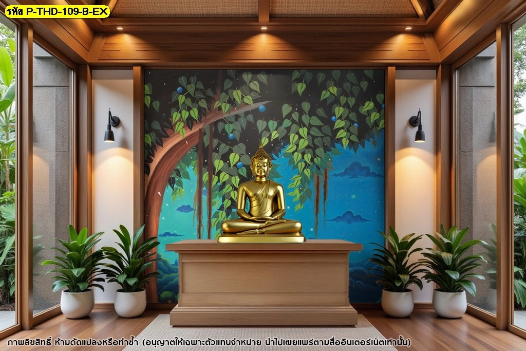 วอลเปเปอร์ลายไทยตกแต่งห้องพระ ภาพต้นโพธิ์โทนเขียวน้ำเงิน จัดวางหลังองค์พระและแท่นไม้ในพื้นที่สถาปัตย์ไทยร่วมสมัย