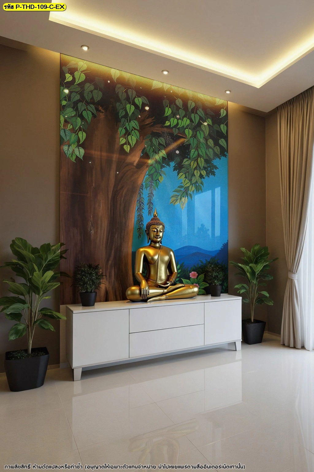 วอลเปเปอร์ต้นโพธิ์ในพุทธประวัติ สำหรับห้องพระสไตล์โมเดิร์นไทย พร้อมองค์พระและผนังตกแต่งขนาดใหญ่