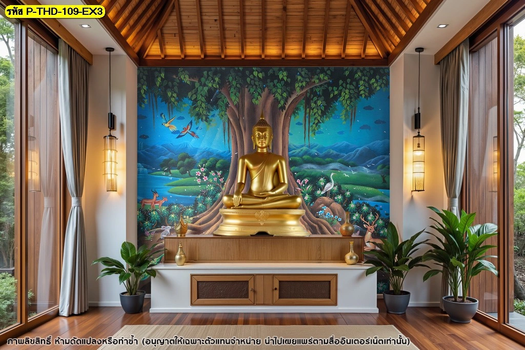 ภาพศิลปะไทยสำหรับห้องพระ พร้อมองค์ประกอบธรรมชาติและวอลเปเปอร์ต้นโพธิ์ในพุทธประวัติแบบร่วมสมัย