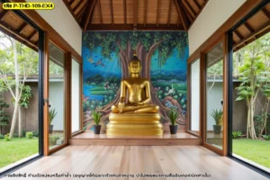 วอลเปเปอร์ห้องพระลายต้นโพธิ์ ตกแต่งผนังร่วมกับงานไม้และกระจกบานใหญ่ในบ้านสไตล์ไทยโมเดิร์น