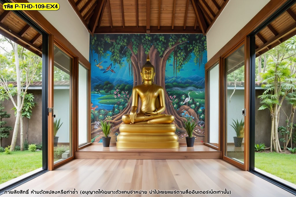 วอลเปเปอร์ห้องพระลายต้นโพธิ์ ตกแต่งผนังร่วมกับงานไม้และกระจกบานใหญ่ในบ้านสไตล์ไทยโมเดิร์น