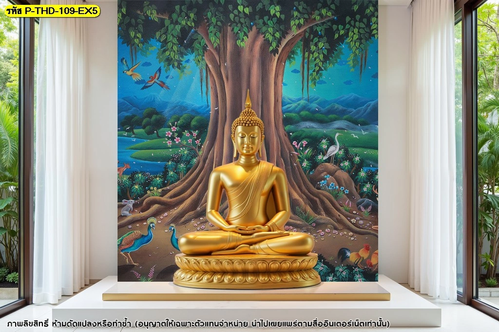 วอลเปเปอร์ภาพต้นโพธิ์ลิขสิทธิ์สำหรับห้องพระ ภาพธรรมชาติไทยพร้อมองค์พระสีทอง เหมาะกับผนังหลังพระในบ้านและพื้นที่ปฏิบัติธรรม