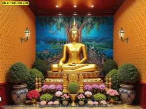 ภาพศิลปะไทยติดผนังห้องพระ ลายต้นโพธิ์ด้านหลังองค์พระสีทอง ตกแต่งร่วมกับผนังลายไทยและแจกันดอกไม้ในห้องพระโทนอุ่น