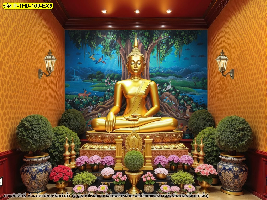 ภาพศิลปะไทยติดผนังห้องพระ ลายต้นโพธิ์ด้านหลังองค์พระสีทอง ตกแต่งร่วมกับผนังลายไทยและแจกันดอกไม้ในห้องพระโทนอุ่น