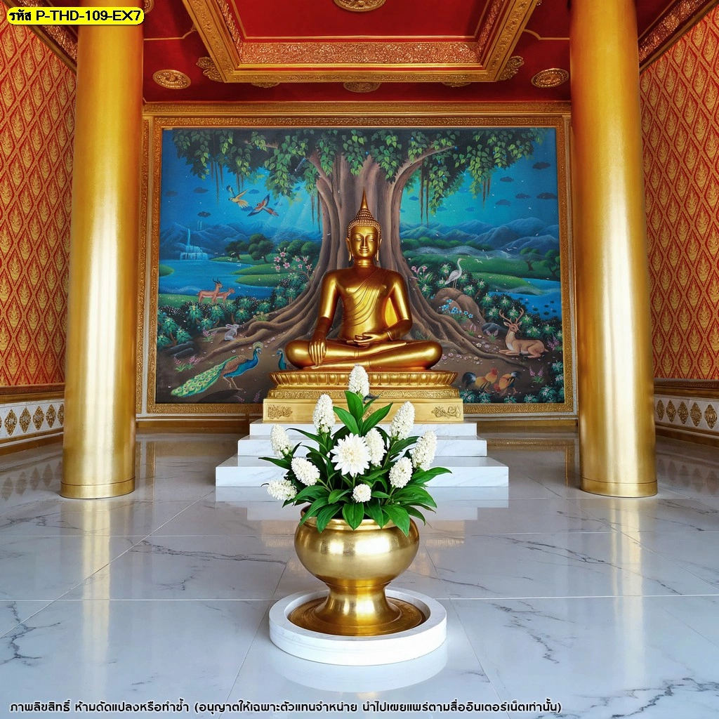 วอลเปเปอร์ต้นโพธิ์ในพุทธประวัติสำหรับศาลาและห้องพระ ภาพศิลปะไทยขนาดใหญ่ จัดวางคู่เสาทองและพื้นหินอ่อนอย่างสง่างาม