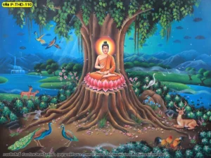 วอลเปเปอร์ลายไทยพระพุทธเจ้าแสดงปฐมเทศนา รายละเอียดต้นโพธิ์และธรรมชาติสำหรับห้องพระ
