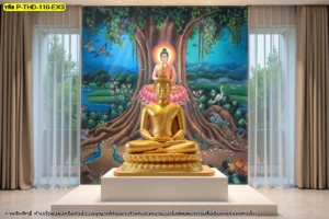 วอลเปเปอร์ภาพพุทธประวัติสำหรับตกแต่งภายในห้องพระ พร้อมองค์พระสีทองและม่านโทนสว่างร่วมสมัย