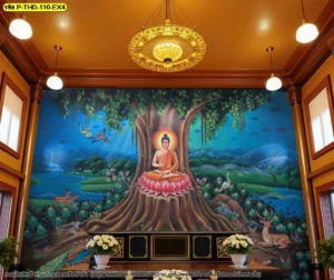 ภาพศิลปะไทยลายพระพุทธเจ้าใต้ต้นโพธิ์ สำหรับตกแต่งผนังศาลาและพื้นที่สถาปัตยกรรมไทย