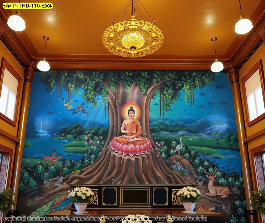 ภาพศิลปะไทยลายพระพุทธเจ้าใต้ต้นโพธิ์ สำหรับตกแต่งผนังศาลาและพื้นที่สถาปัตยกรรมไทย