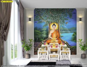 งานสติ๊กเกอร์ 3M พิมพ์ลายไทยสำหรับตกแต่งกระจกห้องพระ ลวดลายพุทธประวัติสีทองอร่ามบนพื้นหลังแดงที่โดดเด่น