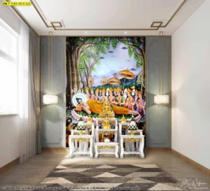 วอลเปเปอร์พุทธประวัติ ตอนปรินิพพาน งานลิขสิทธิ์ภาพเขียนไทยสีสันวิจิตรสำหรับตกแต่งผนังห้องพระภายในบ้านเพื่อสร้างบรรยากาศที่สงบและดูเป็นทางการ