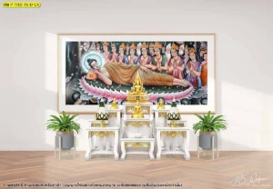 ภาพพุทธประวัติประกอบกรอบรูปขนาดใหญ่สำหรับติดตั้งเหนือโต๊ะหมู่บูชาในห้องพระ ถ่ายทอดงานศิลปะไทยร่วมสมัยที่มีความละเอียดของลายเส้นและคุณค่าทางพุทธศิลป์