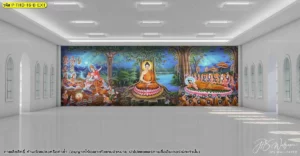 วอลเปเปอร์ภาพพิมพ์ลายพุทธประวัติสั่งทำสำหรับโถงอาคารปฏิบัติธรรมถ่ายทอดลวดลายไทยประเพณีที่มีความอ่อนช้อยประณีต