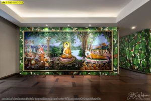 งานติดตั้งวอลเปเปอร์พุทธประวัติบนผนังลวดลายใบโพธิ์แสดงความศรัทธาผ่านงานศิลปะไทยประยุกต์สำหรับตกแต่งห้องพระขนาดใหญ่