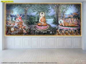 การออกแบบแสงไฟซ่อนหลังวอลเปเปอร์ภาพพิมพ์ลายพุทธประวัติช่วยขับเน้นรายละเอียดของงานศิลปะไทยให้ดูโดดเด่นและสง่างาม