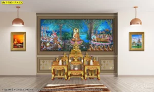 ภาพเหตุการณ์ประสูติตรัสรู้ปรินิพพานในกรอบไม้หรูหราประดิษฐานเหนือโต๊ะหมู่บูชาช่วยเสริมสร้างสมาธิและความสงบในห้องพระ