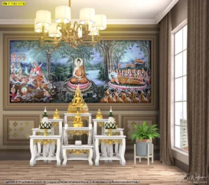 ภาพลิขสิทธิ์พุทธประวัติขนาดใหญ่ติดตั้งบนผนังห้องพระภายในบ้านช่วยสร้างความสงบและส่งเสริมความสวยงามของศิลปะไทยประเพณีในพื้นที่ส่วนตัว