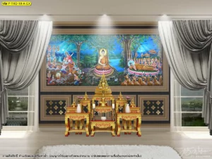 วอลเปเปอร์ภาพพิมพ์พุทธประวัติสั่งทำพิเศษสำหรับประดิษฐานหลังโต๊ะหมู่บูชาแสดงเหตุการณ์ประสูติตรัสรู้และปรินิพพานได้อย่างวิจิตรบรรจง