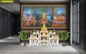 ภาพงานศิลปะไทยลิขสิทธิ์ติดตั้งในห้องพระสไตล์ร่วมสมัยสีเข้มช่วยขับเน้นลวดลายของพุทธประวัติให้มีความโดดเด่นและดูสง่างามเป็นพิเศษ