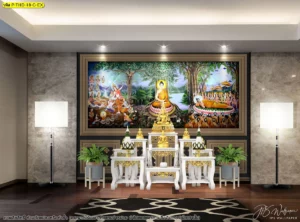 การตกแต่งห้องพระด้วยภาพพิมพ์พุทธประวัติขนาดใหญ่บนผนังหินอ่อนช่วยสร้างบรรยากาศที่ดูสงบและเป็นมืออาชีพสำหรับการปฏิบัติธรรมในที่พักอาศัย