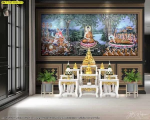 ภาพพิมพ์พุทธประวัติลิขสิทธิ์คุณภาพสูงออกแบบมาให้พอดีกับผนังหลังโต๊ะหมู่บูชาสีขาวช่วยเสริมความสว่างและสง่างามให้กับสถานที่ประกอบพิธีกรรม