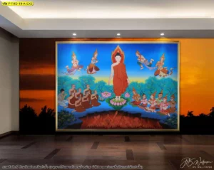 วอลเปเปอร์พระพุทธเจ้าเปิดโลกภาพลิขสิทธิ์ ฉากกรอบผนังขนาดใหญ่ สำหรับห้องพระและพื้นที่พิธีกรรมไทย