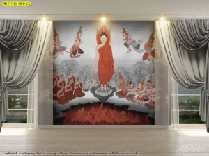 ภาพพระพุทธเจ้าเปิดโลกติดผนังห้องสวดมนต์ โทนสีสุภาพ จัดวางร่วมกับม่านและไฟผนังอย่างสมดุล